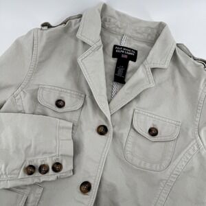 Polo Ralph Lauren Womens Large Khaki Twill Jean Jacket Fitted Cream Tan VTG